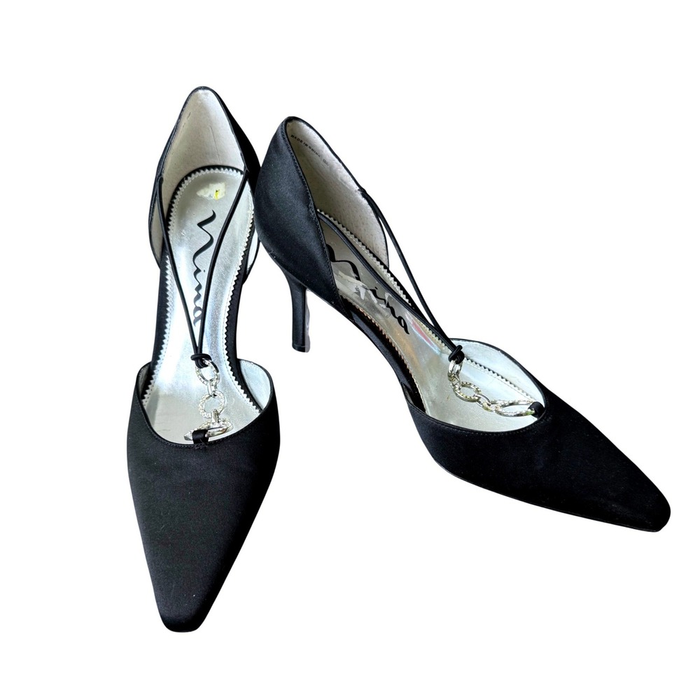 Black Satin D'Orsay Heels Rhinestone Strap Pointed Toe Shoes Pumps Nina 9M